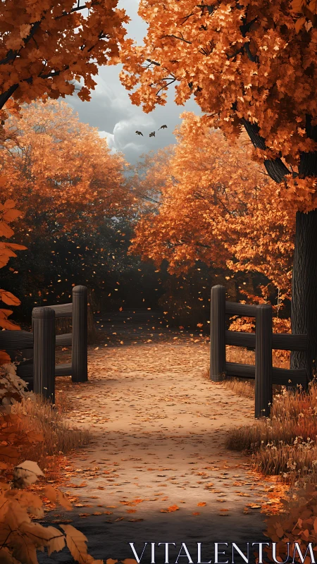 Autumn forest path with wooden fence and falling leaves.