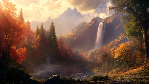 Autumn alpine valley with twin waterfalls and misty backlit peaks.