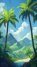 Tropical Valley Vista with Palm Trees and Mountains.