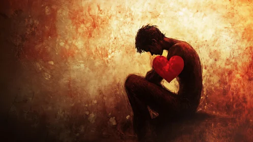 Solitary male silhouette with glowing red heart, warm textures