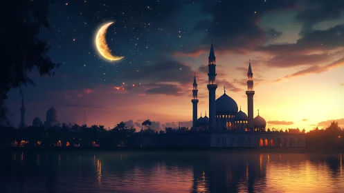 Crescent moon over lakeside mosque at twilight sky scene.