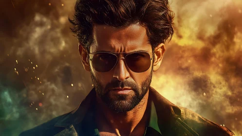 Storm-lit rebel in sunglasses framed by cinematic firestorm.