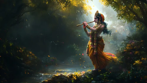 Graceful flute player wandering through a glowing forest.