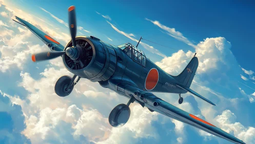 Japanese single engine fighter aircraft in clouded sky.