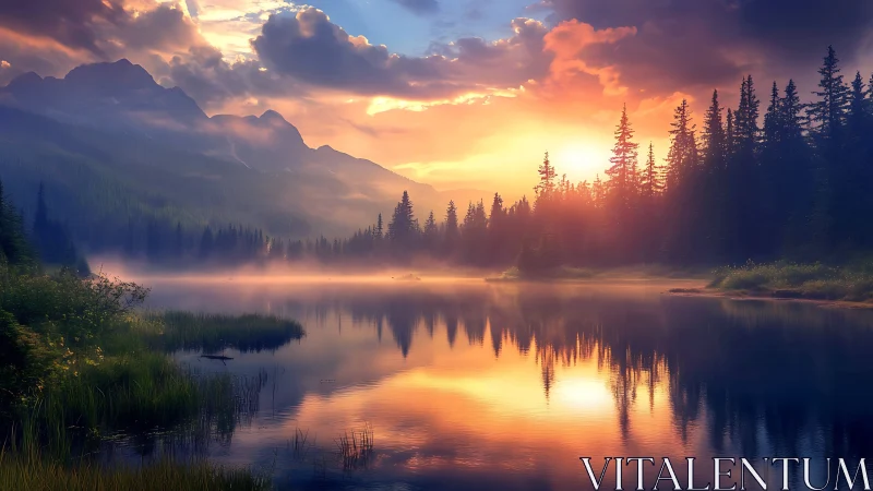 Sunrise mist drifts over mirrorlake pines and burnished peaks.