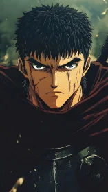 Battle worn anime warrior stares forward with intense focus