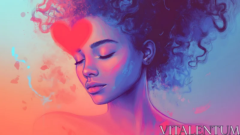 Woman with Heart: Abstract Digital Portrait in Neon Hues.
