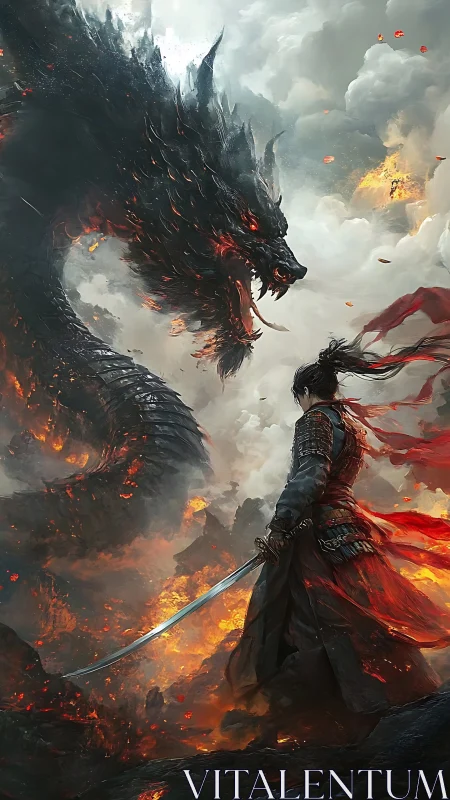 Samurai swordsman confronting volcanic shadow dragon poised.