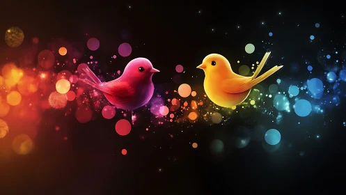 Two vibrant birds emerge from swirling color gradients.