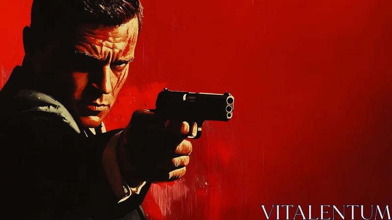 Agent in suit aiming handgun against bold red backdrop.