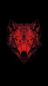 Red line-art wolf head on black background, frontal view.