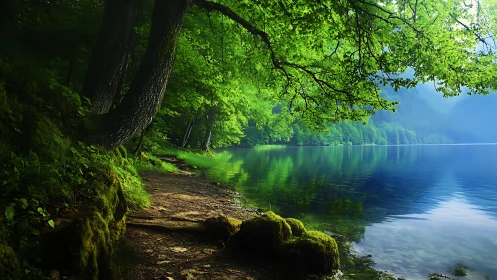 Lush forest shoreline meets tranquil blue lake in sunlight.