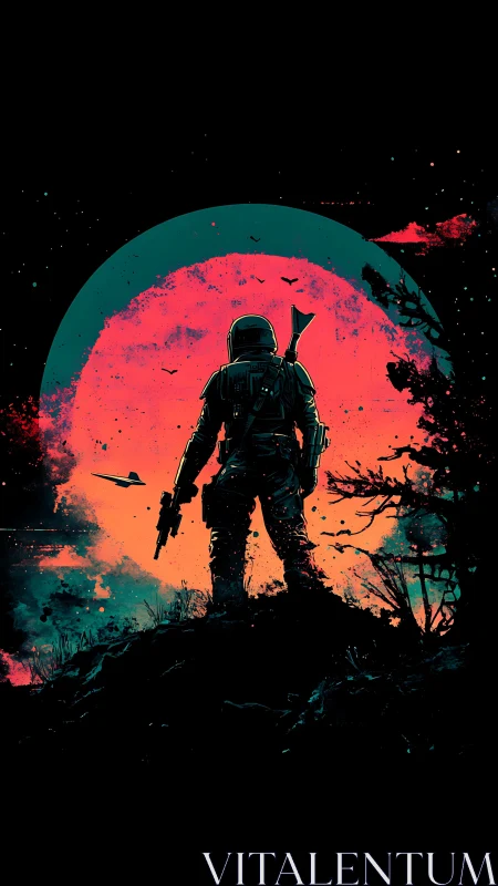 Lone armored soldier stands before neon eclipsed planet