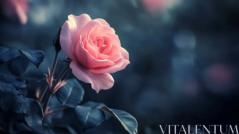 Pink rose blooms in twilight darkness with soft backlit glow