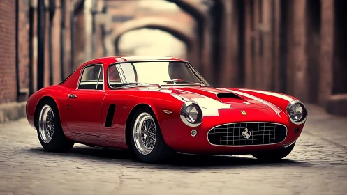 Classic red gran turismo coupe in cobblestone urban corridor.