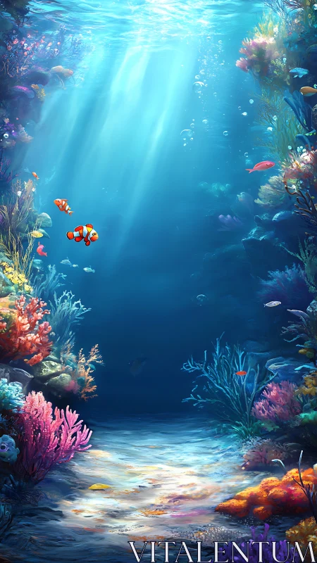 Sunlit coral canyon with clownfish in vivid blue depths.