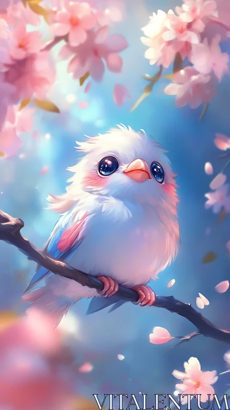 Fluffy blue songbird rests amid dreamy cherry blossoms