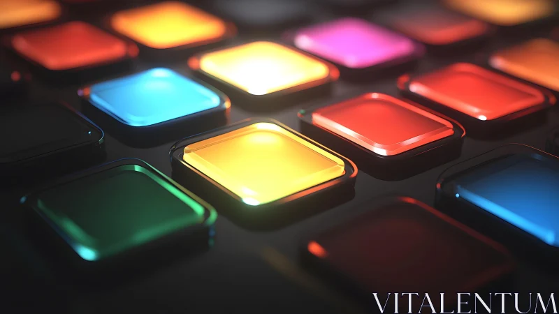 Colorful illuminated square buttons in a modern digital style.