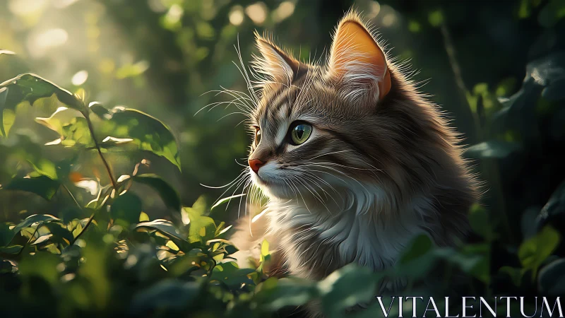 Fluffy Cat with Blue Eyes in Sunlit Garden
