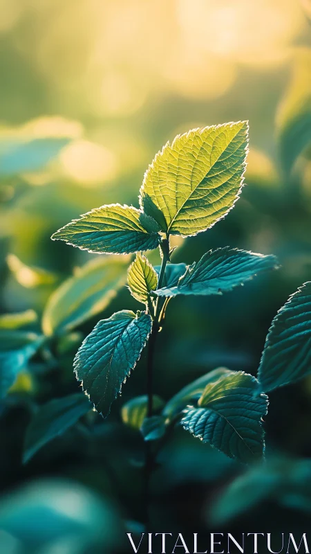 Single green plant stem is illuminated by soft backlighting