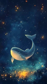Celestial blue whale drifts through glowing starfield.