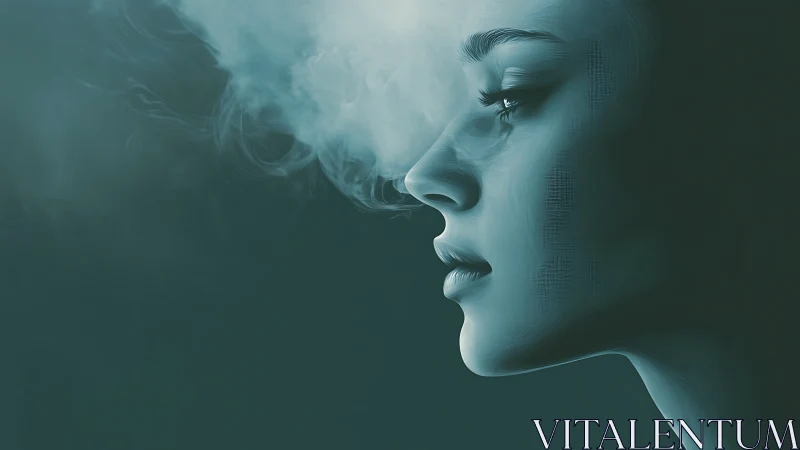 Pensive female profile dissolves into swirling teal mist