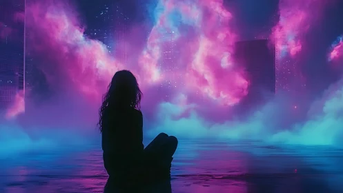 Neon dreamwatcher gazes into swirling cyberpunk sky.