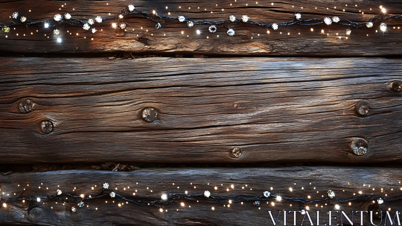 Rustic wooden planks frame warm string lights in border