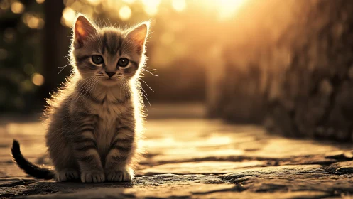 Amber-Drenched Kitten: A Tender Moment Bathed in Golden Hour Serenity.