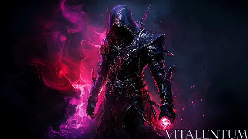 Dark hooded mage wielding glowing red and purple magic.