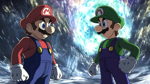Heroic plumber duo ready for a bold cosmic adventure.