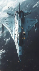 Futuristic fighter spacecraft rendered above Earth&rsquo;s atmosphere