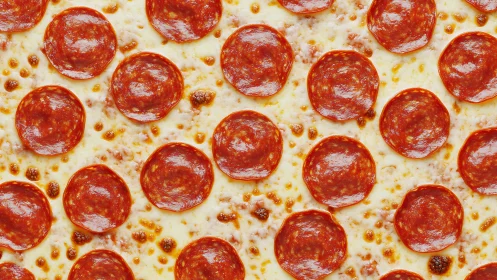 Pepperoni pizza surface with glossy slices and molten cheese.