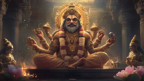 Divine multi-armed deity in luminous temple sanctum.