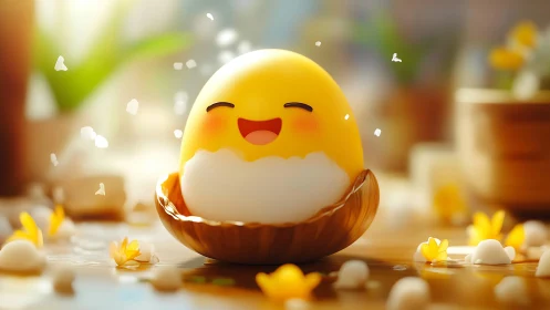 Yellow egg character in shell on wooden surface indoors.
