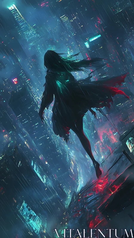 Cyberpunk silhouette over neon rain cityscape at night.