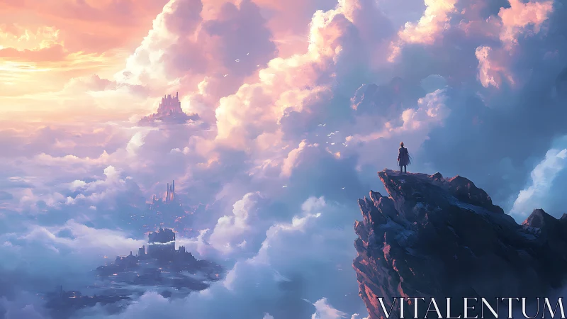 Solitary wanderer gazes toward radiant floating citadels.