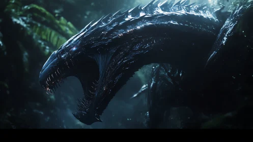 Alien reptilian creature lurking in dark jungle environment.