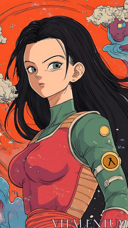 Stoic anime warrior stands before swirling cosmic storm.