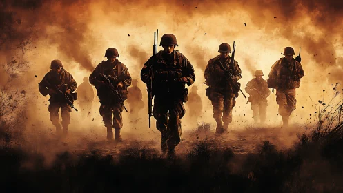 Infantry soldiers advancing through dense battlefield smoke.