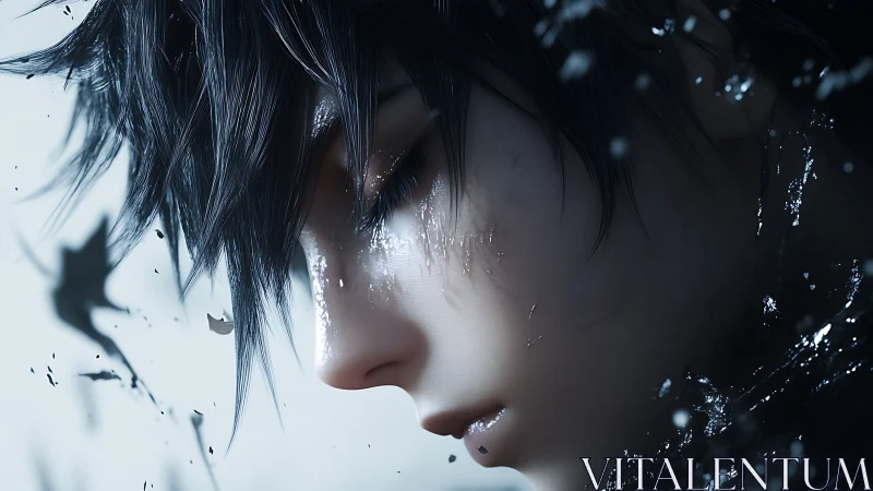 Storm-kissed dreamer with ink-black tears in quiet eclipse.