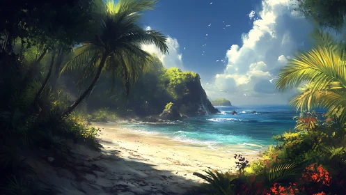 Tropical Paradise Beach Nestled Among Lush Island Palms.
