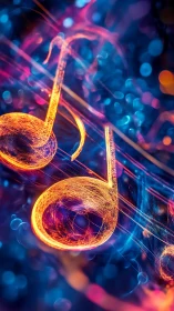 Glowing musical notes rendered with neon particle effects