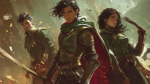 Heroic fantasy trio in emerald armor amid blazing battle.