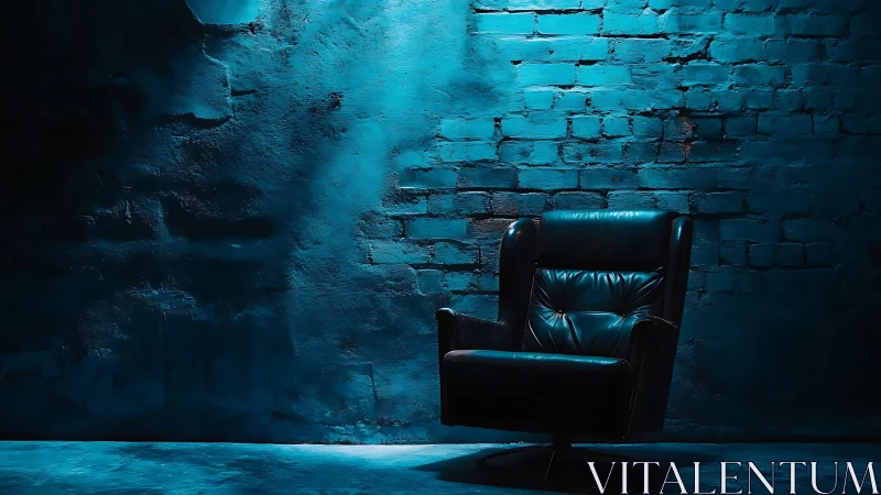 Leather armchair stands against blue lit brick wall