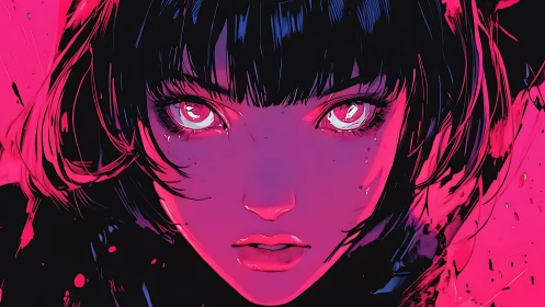 Neon-lit gaze of a cyberpunk heroine in electric pink storm.