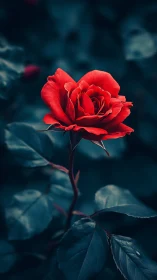 Vibrant Red Rose Against Deep Teal Background.