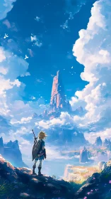 Solitary figure observing distant tower in vast sky landscape.