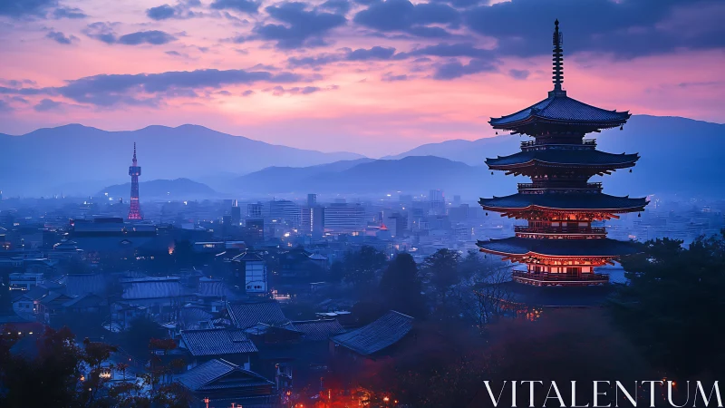 Twilight pagoda skyline over misty Kyoto cityscape panorama.