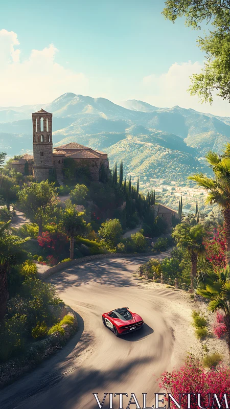 Scarlet supercar pirouettes beneath a sunlit hilltop monastery